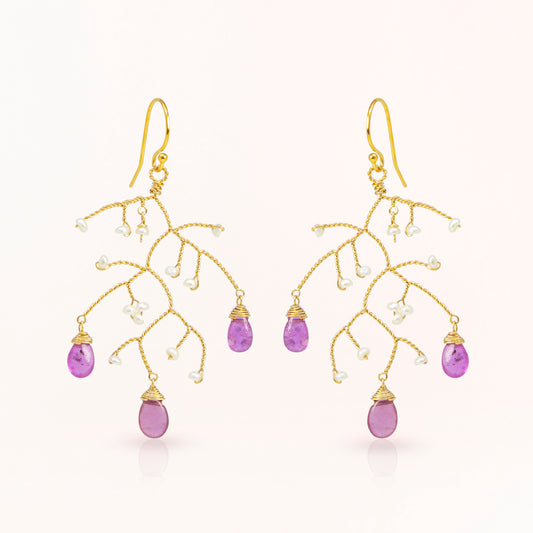 Pink Sapphire and Pearl Branch Earrings